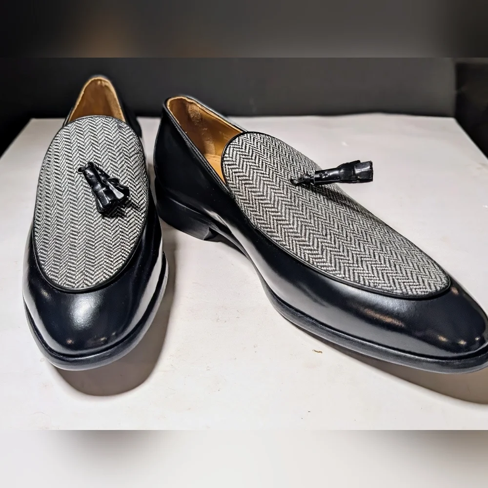 Paul Fredrick Black Patent & Gray Herringbone Tassel Loafers